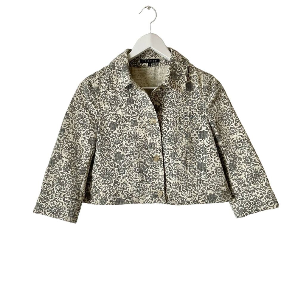 Theory Gray And Cream Floral Cropped Blazer Size Small